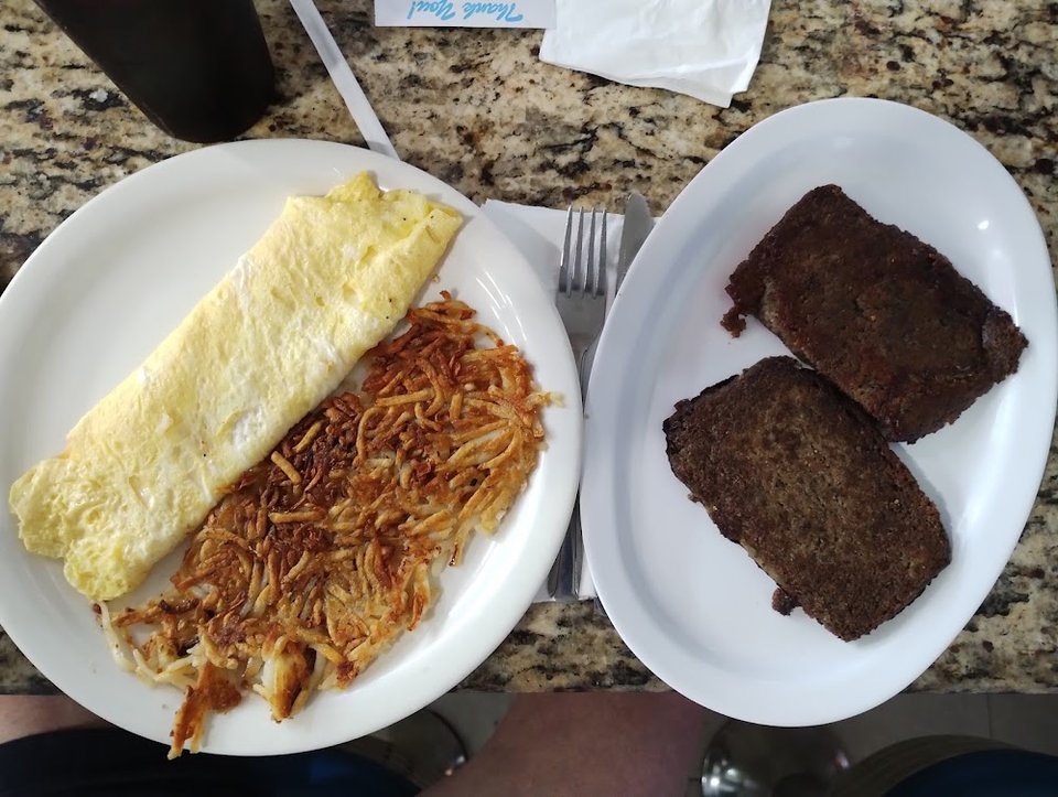 Omelette with Scrapple and Hash Browns