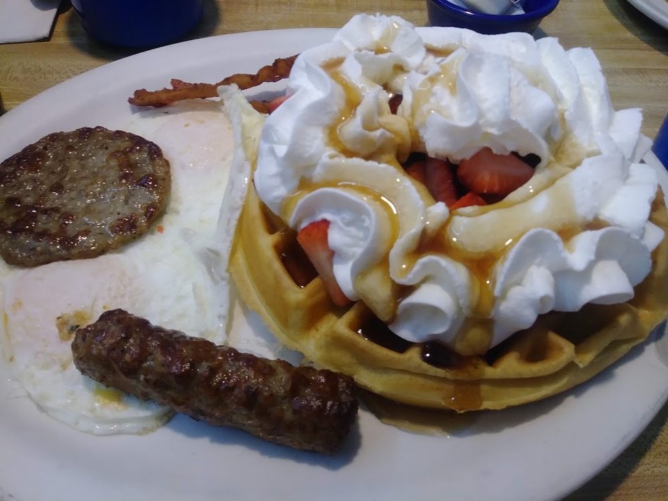 Waffles Eggs Sausage and Bacon