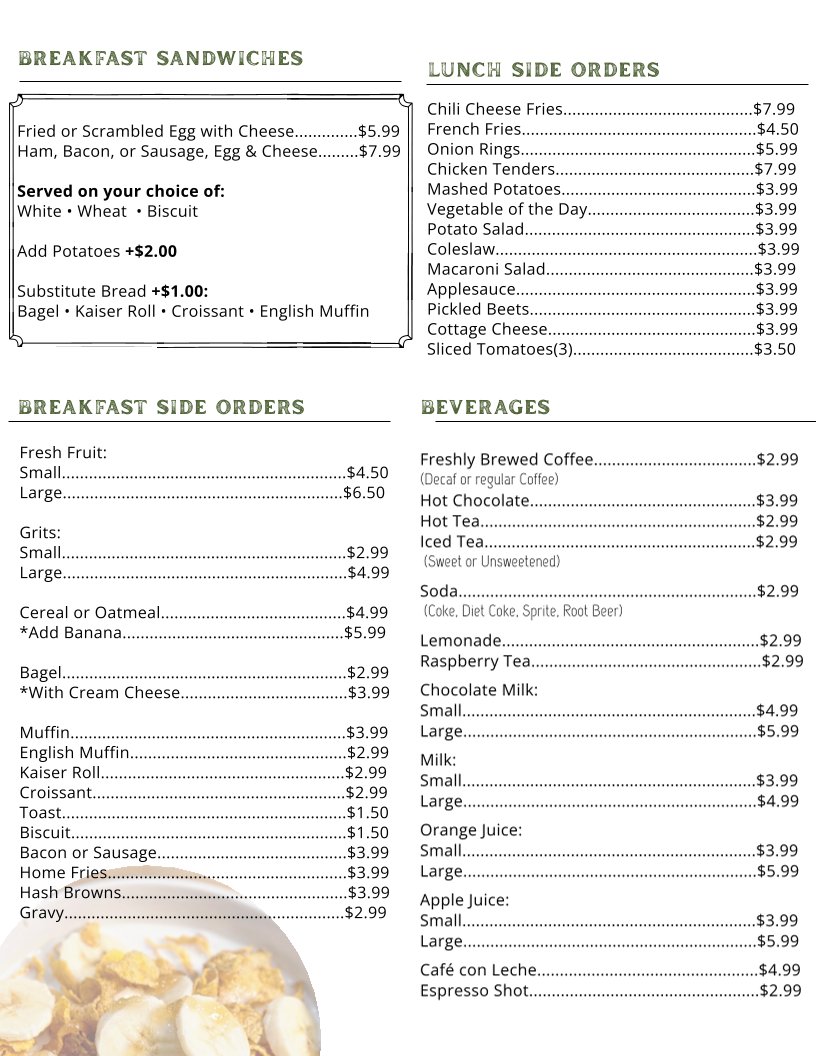 Homemade comfort food on a diner menu.